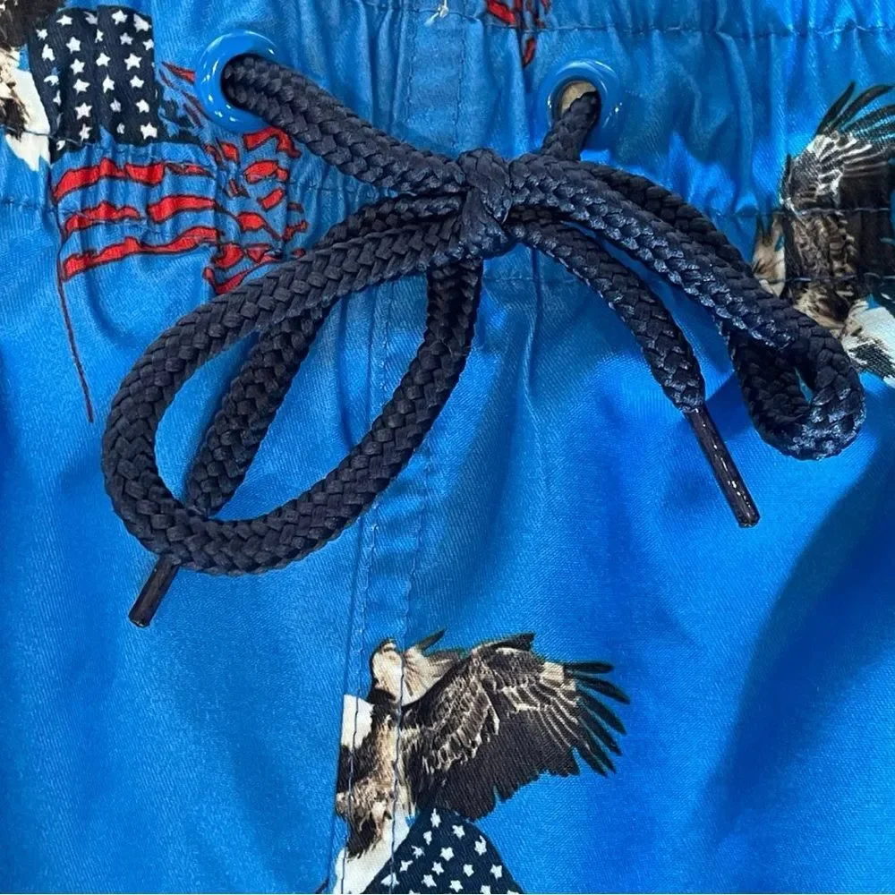 NEW! Wave Zone Blue Swim Shorts with Patriotic Eagle and Flag. NWOT. Men’s L